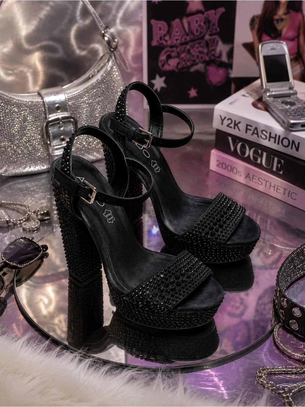 Y2K Aldo Black Mini Rhinestone Studded Platform Ankle-Strap Leather Heels Size 6